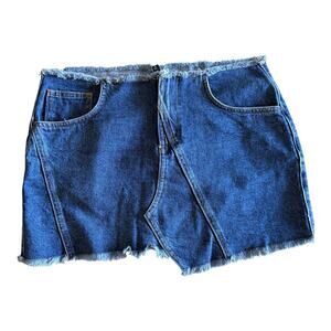 Blue Denim Mini Skirt Frayed Hem Distressed Asymmetrical Y2K Waist 13” Size 4